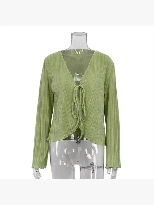 Front tie V-neck long sleeve